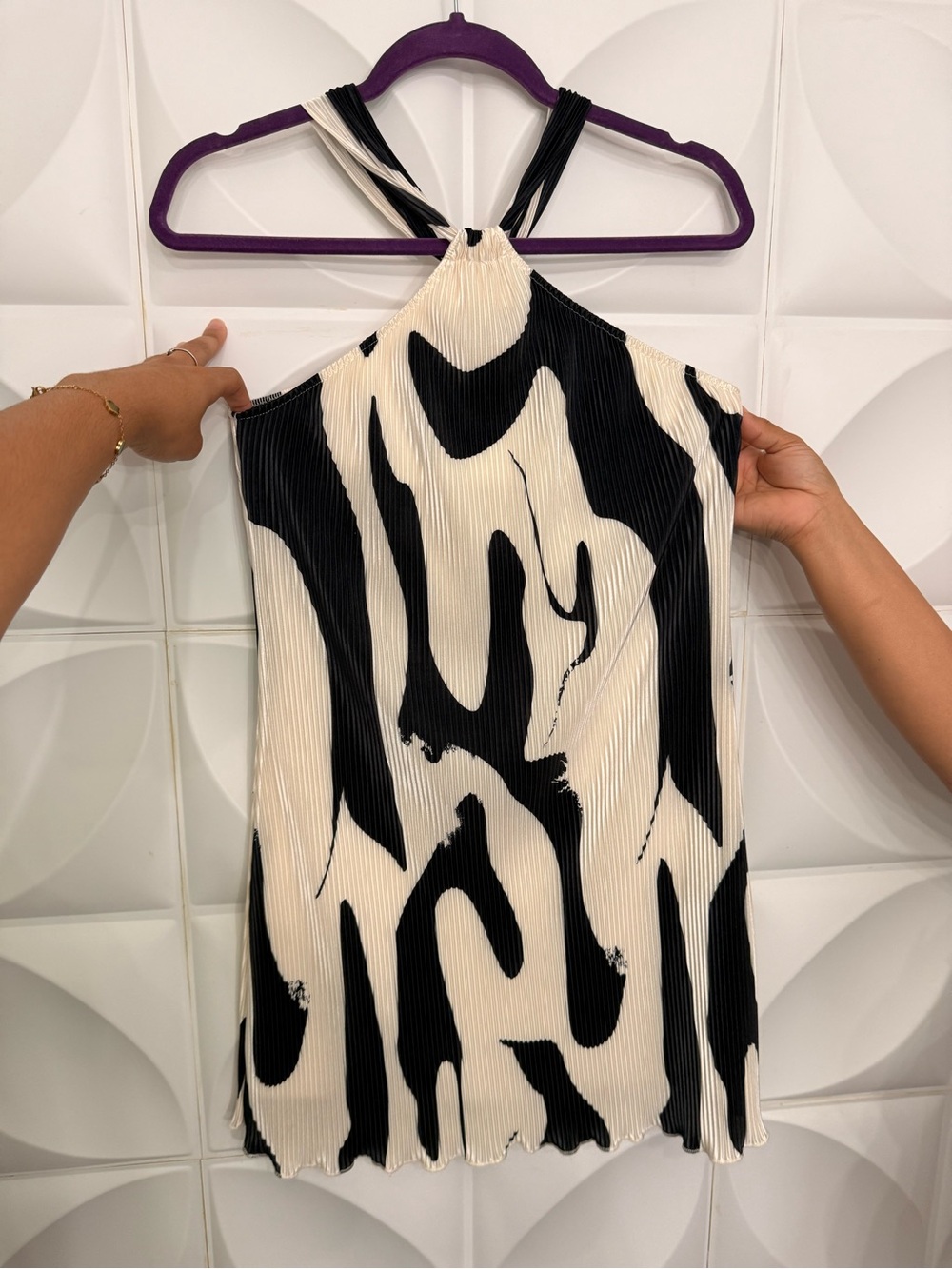 SHEIN Black & Bone-White Asymmetrical Pleated Halter Dress